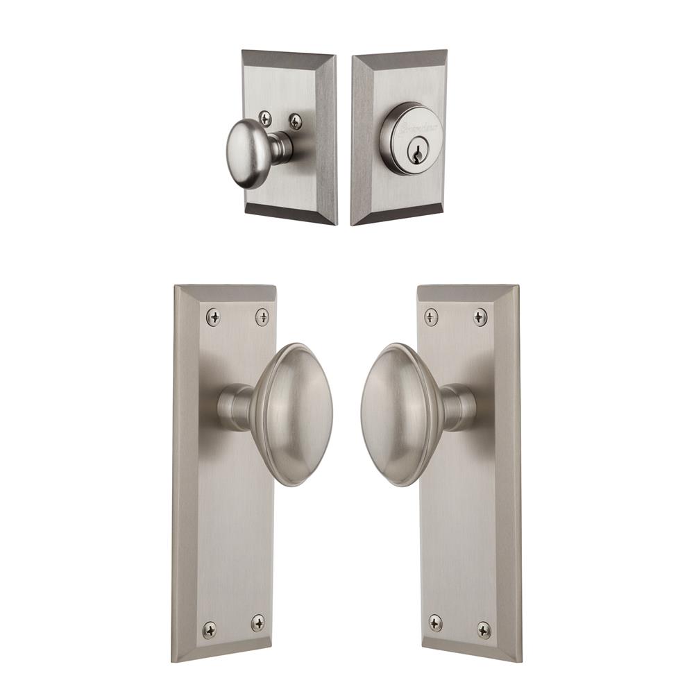 Grandeur by Nostalgic Warehouse Single Cylinder Combo Pack Keyed Differently - Fifth Avenue Plate withEden Prairie Knob and Matching Deadbolt in Satin Nickel